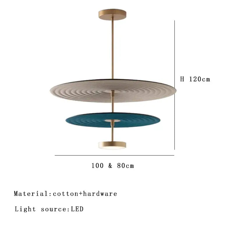 Modern ripple cotton round pendant lights featuring beige and teal concentric discs with brass-finished rod decorbites cotton round pendant
