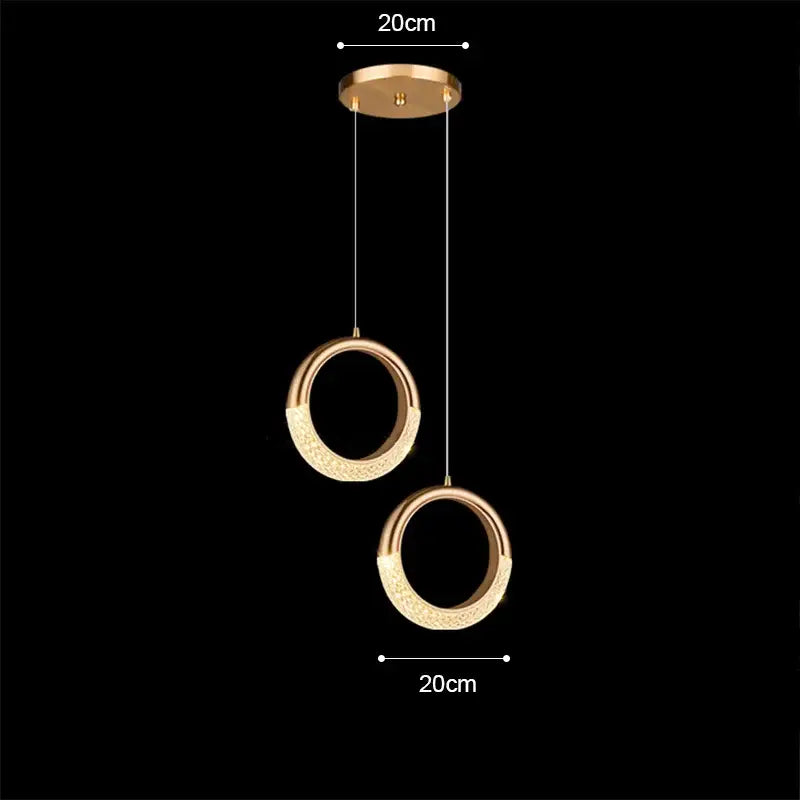 Modern rose gold acrylic led chandelier pendant light with two textured gold-toned rings for dining room use