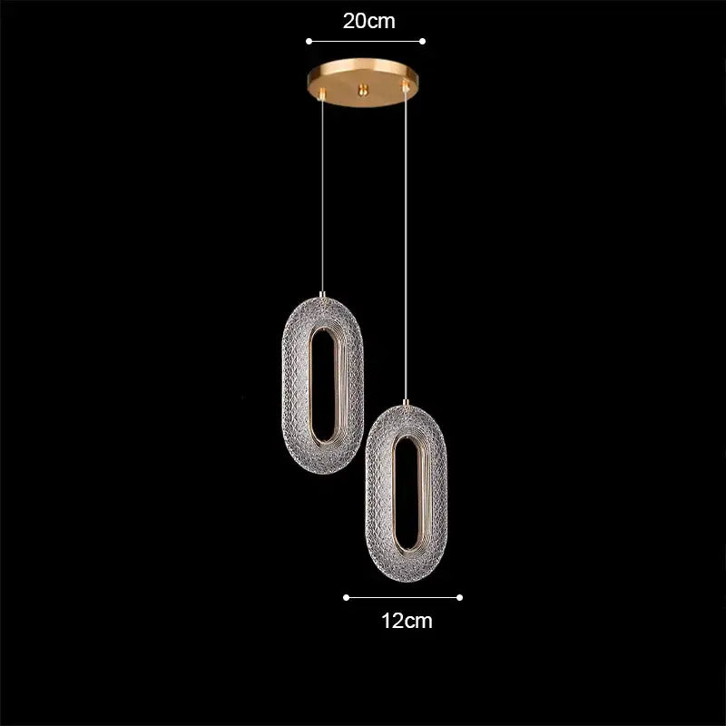 Modern pendant light with gold acrylic led ceiling mount and two crystal-encrusted oval shades for dining room chandelier