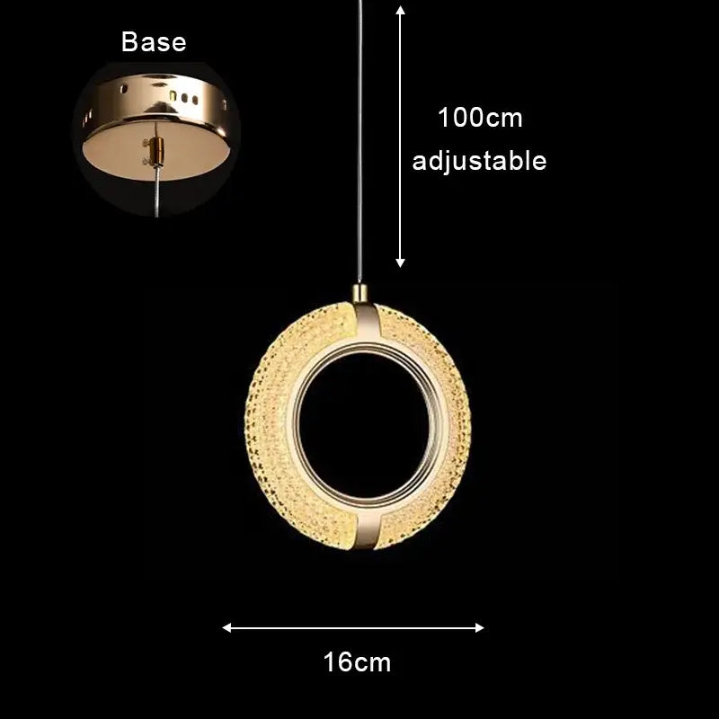 Modern rose gold acrylic led chandelier pendant light with gold-toned textured circular pendant and adjustable 100cm hanging length