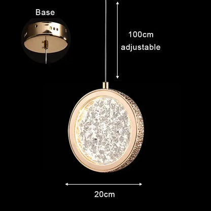Modern rose gold acrylic led chandelier pendant light with gold-toned textured rim and sparkling crystal inner panel