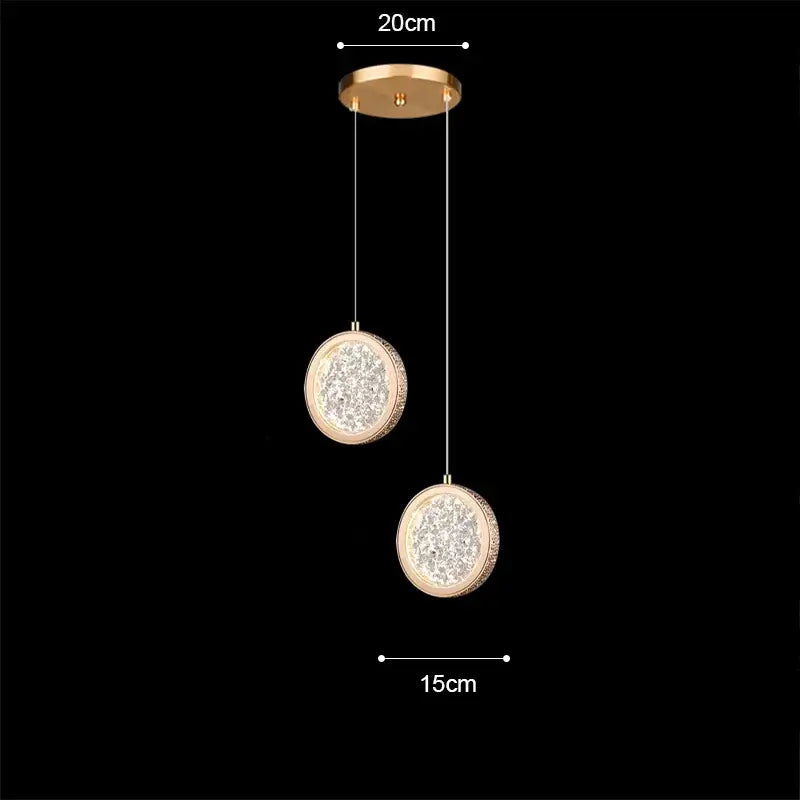 Modern rose gold acrylic led chandelier pendant light with gold-toned circular crystal-encrusted shades for dining room
