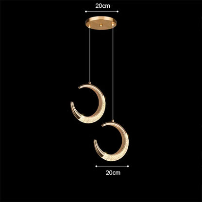 Modern rose gold acrylic led chandelier pendant light with gold-toned crescent moon shaped textured surface