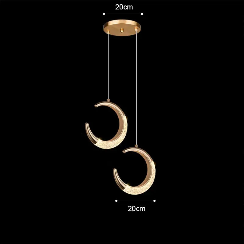 Modern rose gold acrylic led chandelier pendant light with gold-toned crescent moon shaped textured surface