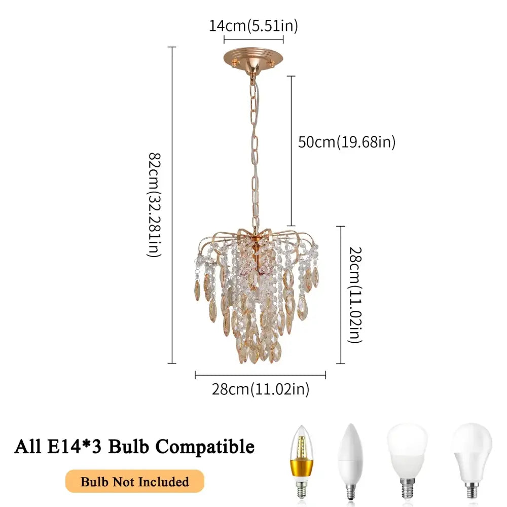 Modern rose gold and amber crystal led pendant light with cascading droplets and e14 bulb base for living room decorbites crystal led