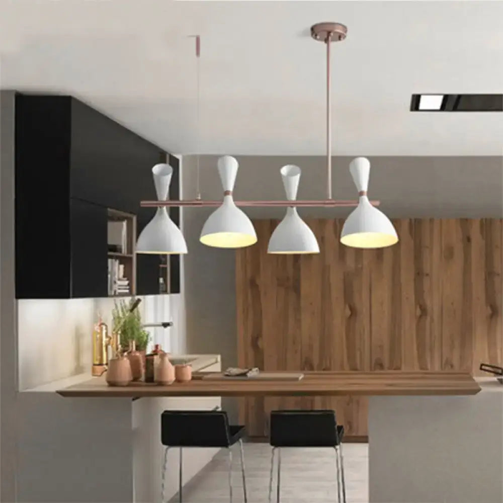 DecorBites modern funnel ceiling pendant with four white bell-shaped shades and rose gold metal for dining room lighting