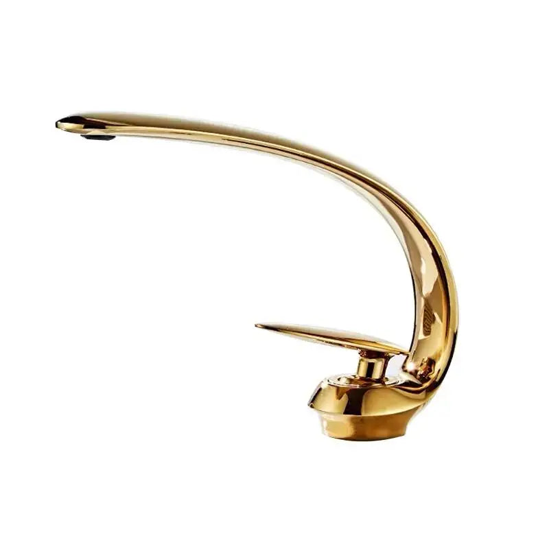 Modern rose gold and black brass decorbites basin faucet with sleek curved design and polished metallic finish for bathroom use