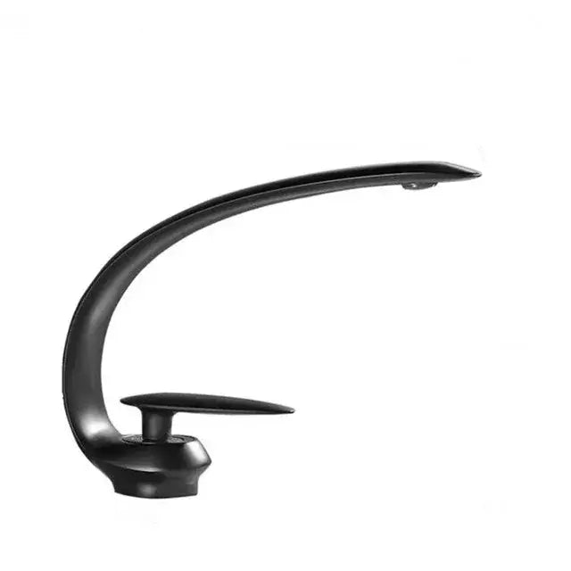 Modern rose gold and black brass decorbites basin faucet with black matte finish and sleek curved design for bathroom use