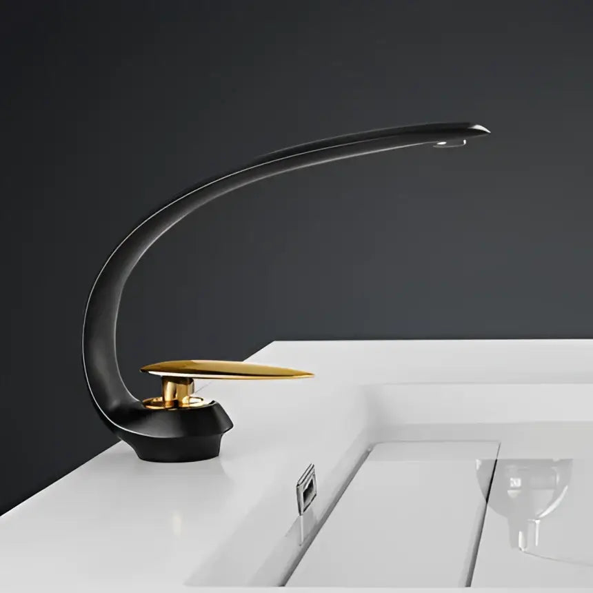 Modern rose gold and black brass basin faucet with sleek curved design from decorbites basin faucet collection