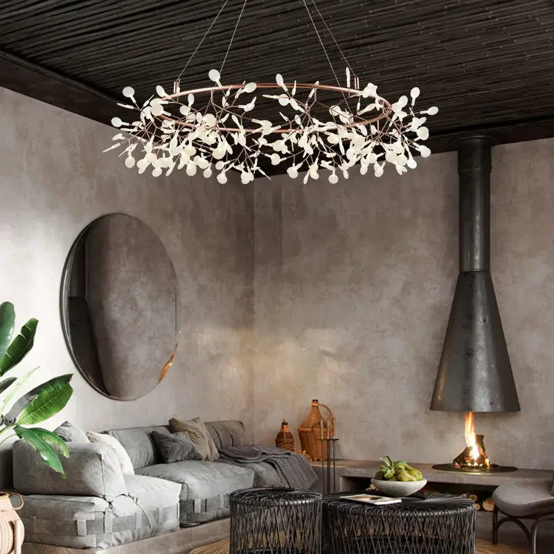 Modern circular pendant light with rose gold copper frame and white leaf light sources for dining room