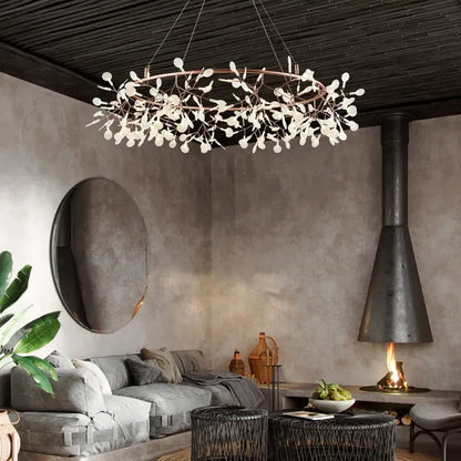 Modern circular pendant light with rose gold copper frame and white leaf light sources for dining room