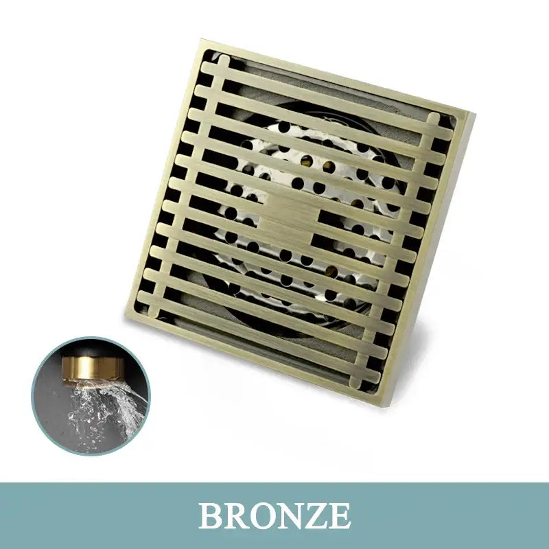 Modern rose gold brushed bronze square floor drain with grid pattern and perforated center for bathroom use