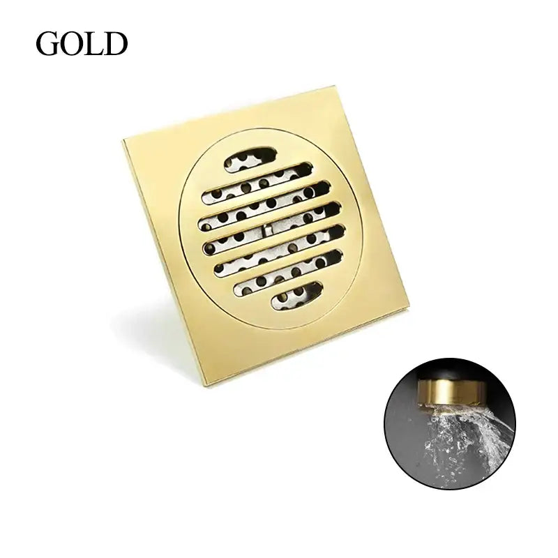 Modern rose gold brushed square floor drain with circular grille featuring horizontal slats for bathroom use