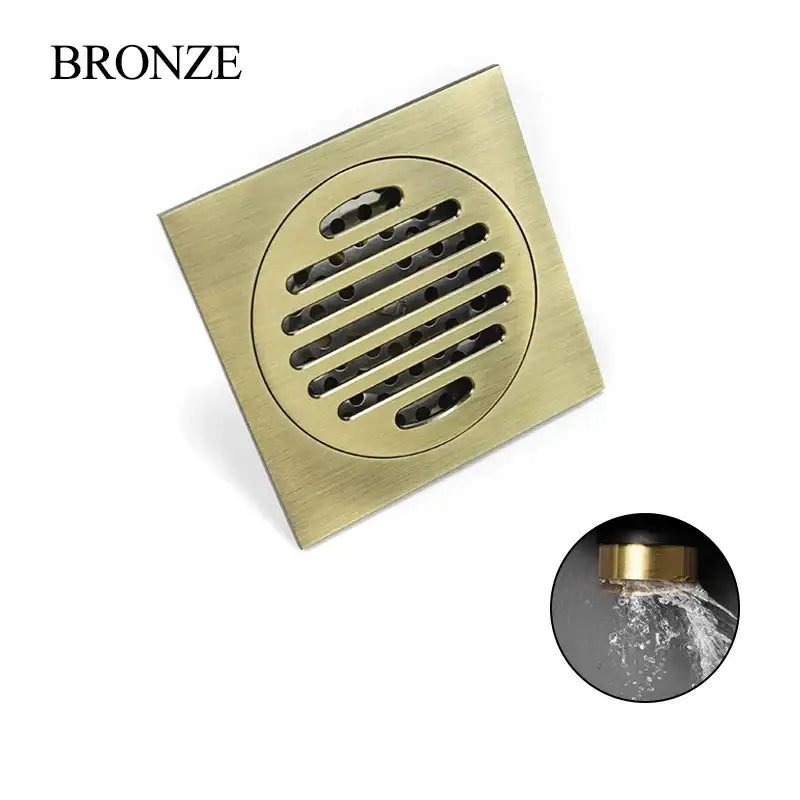 Modern rose gold brushed square floor drain with bronze finish and circular grille featuring horizontal slats for bathroom use