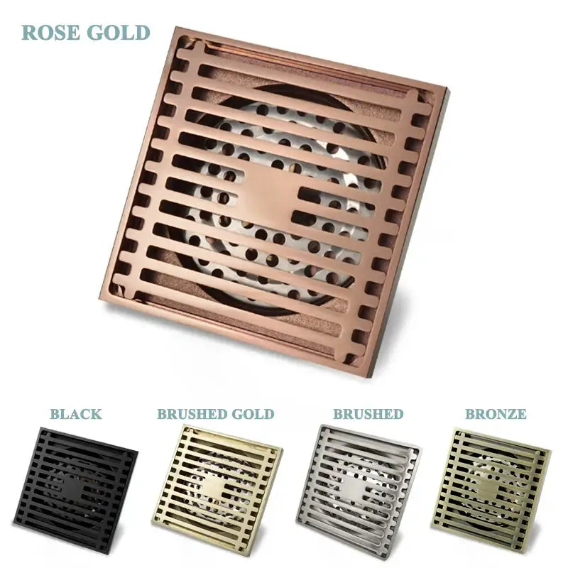 Modern rose gold brushed metal square floor drain with horizontal slat design for bathroom use