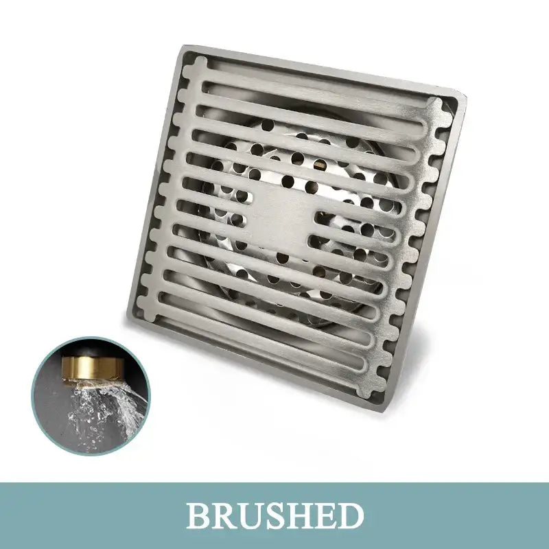 Matte black modern rose gold brushed square floor drain with sleek design and gold-toned overflow pipe for bathroom use