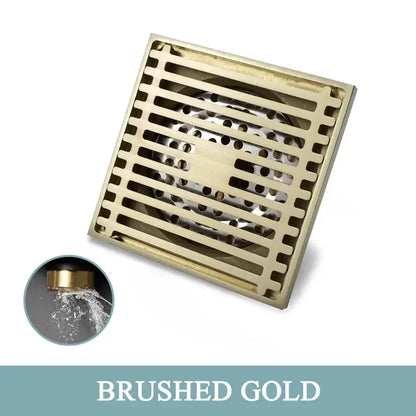 Modern rose gold brushed square floor drain with sleek horizontal slat design for bathroom use