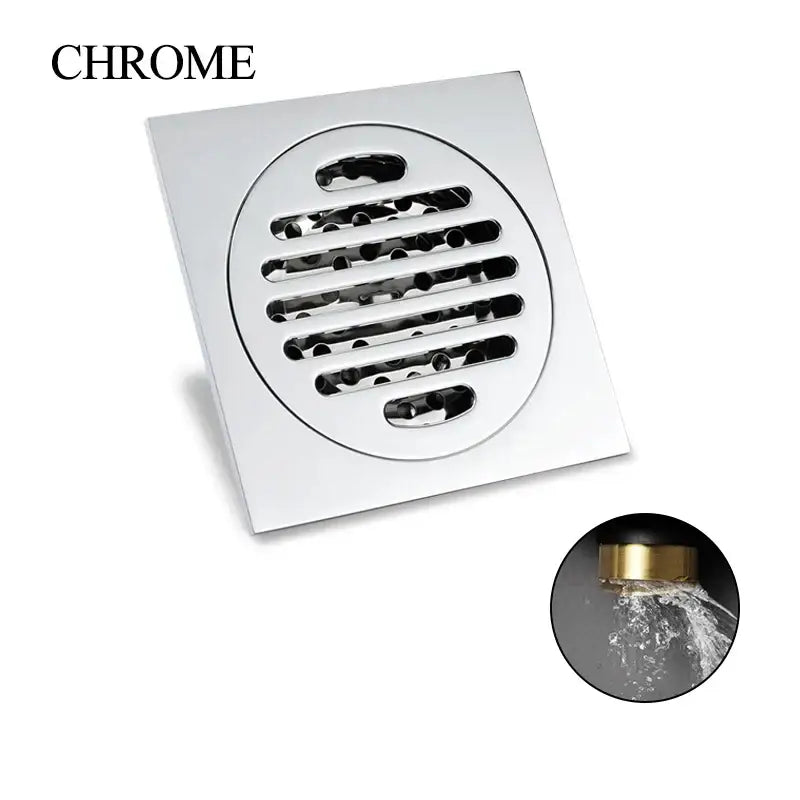 Modern rose gold brushed square floor drain with chrome finished circular grille and horizontal slats for bathroom use