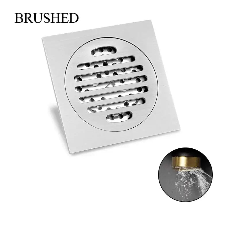 Modern rose gold brushed stainless steel square floor drain with circular grille featuring horizontal slats and perforations