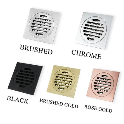Modern rose gold brushed square floor drain with slat design in stainless steel finish for bathroom floor drain use