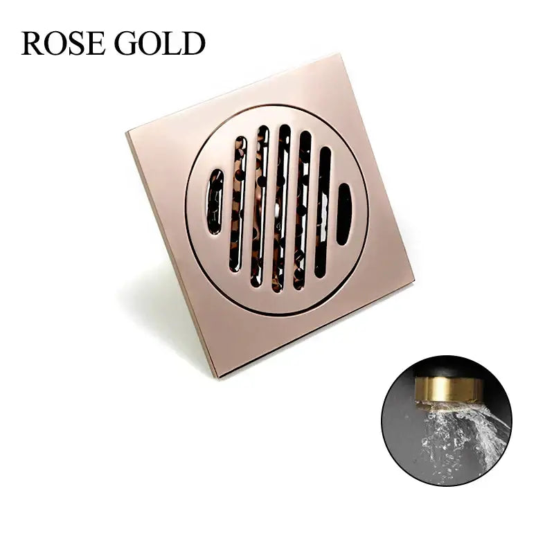 Modern rose gold brushed square floor drain with circular grille and vertical slats for bathroom use