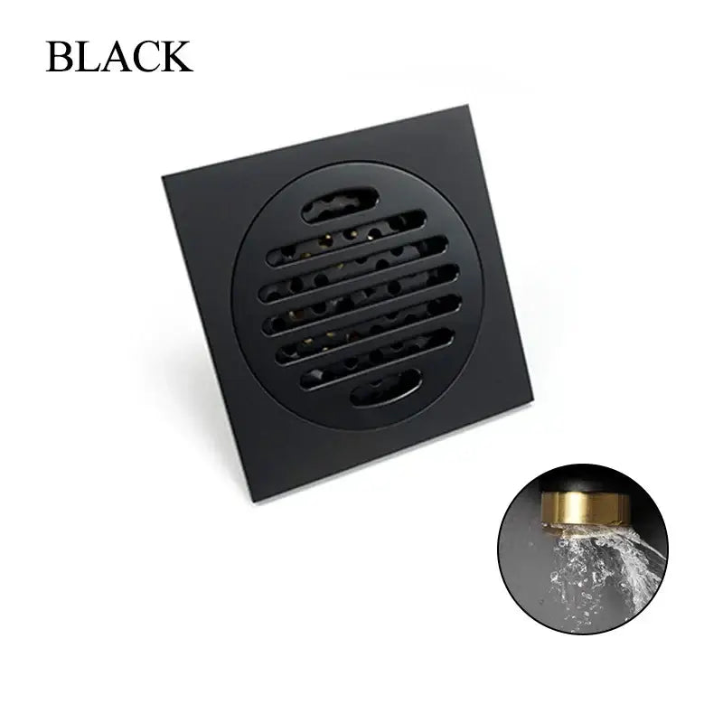 Modern rose gold brushed square floor drain with sleek matte black finish and horizontal slat design for bathroom use