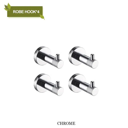 Set of four chrome stainless steel robe hooks with knurled bodies and smooth plates for decorbites bathroom accessories