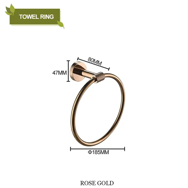 Modern rose gold stainless steel towel ring with circular design and textured base from decorbites bathroom accessories