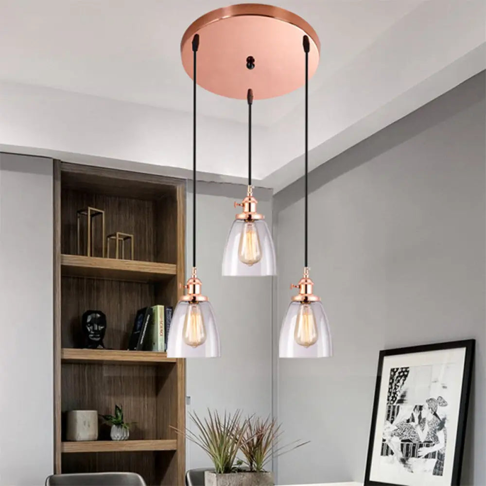 Modern Rose Gold Cone Pendant Light with Clear Glass Shades - 3-Light Dining Room Hanging Lamp