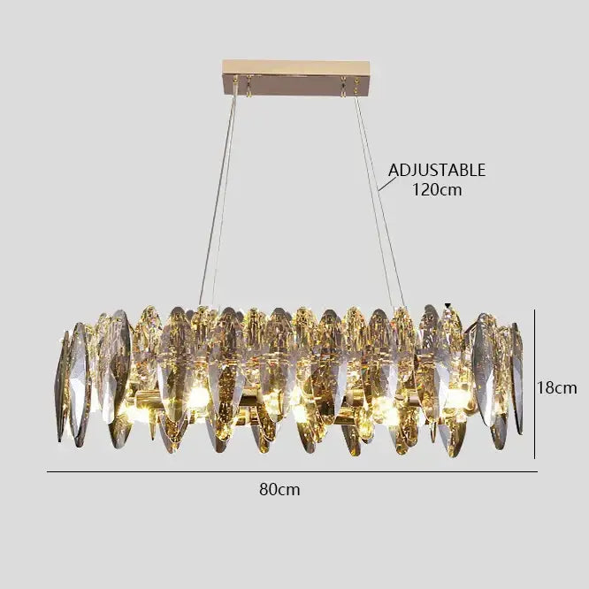 Modern rose gold pendant lights with a circular arrangement of faceted crystal dimmable led pieces and adjustable ceiling mount