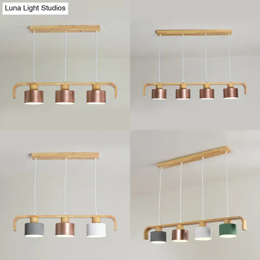 Decorbites modern rose gold drum island chandelier with natural wood frame and multicolored metal shades for dining table
