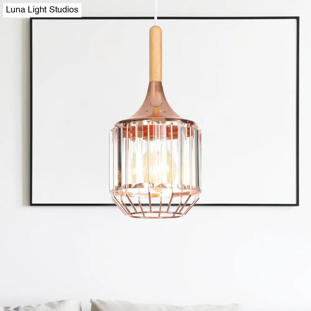 Modern Rose Gold Drum Pendant Light with Metal Cage for Corridor