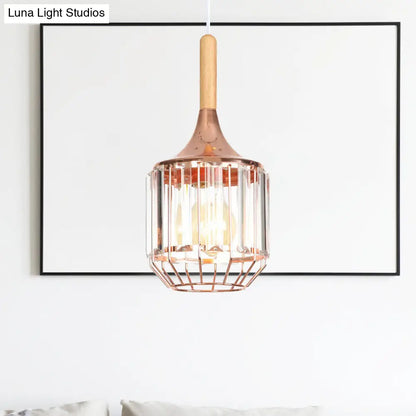 Modern Rose Gold Drum Pendant Light with Metal Cage for Corridor