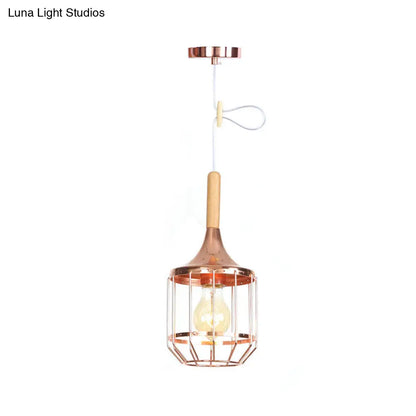 Modern Rose Gold Drum Pendant Light with Metal Cage for Corridor