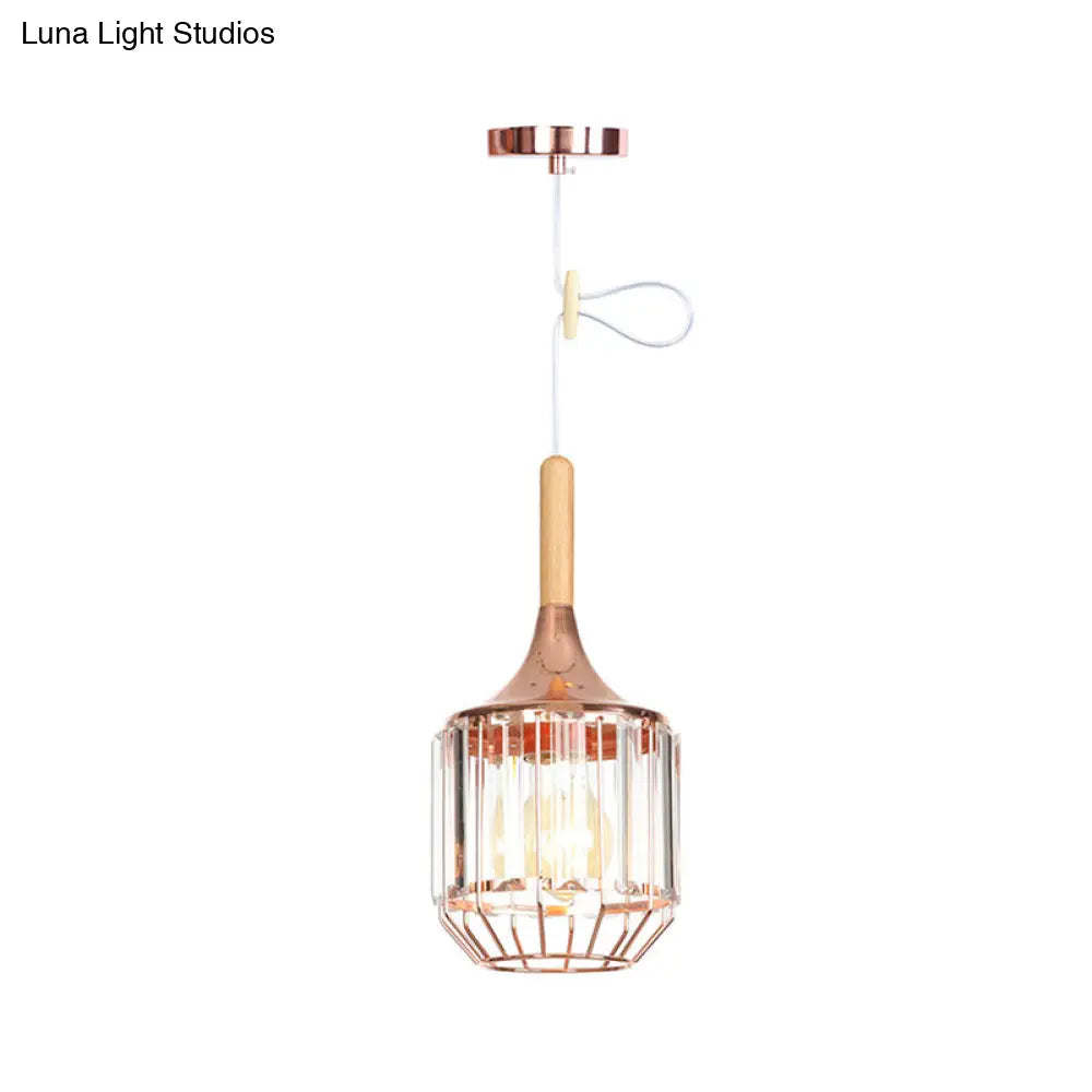 Modern Rose Gold Drum Pendant Light with Metal Cage for Corridor