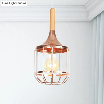 Modern Rose Gold Drum Pendant Light with Metal Cage for Corridor