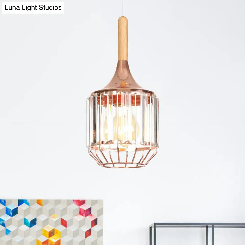 Modern Rose Gold Drum Pendant Light with Metal Cage for Corridor