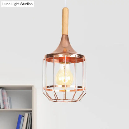 Modern Rose Gold Drum Pendant Light with Metal Cage for Corridor