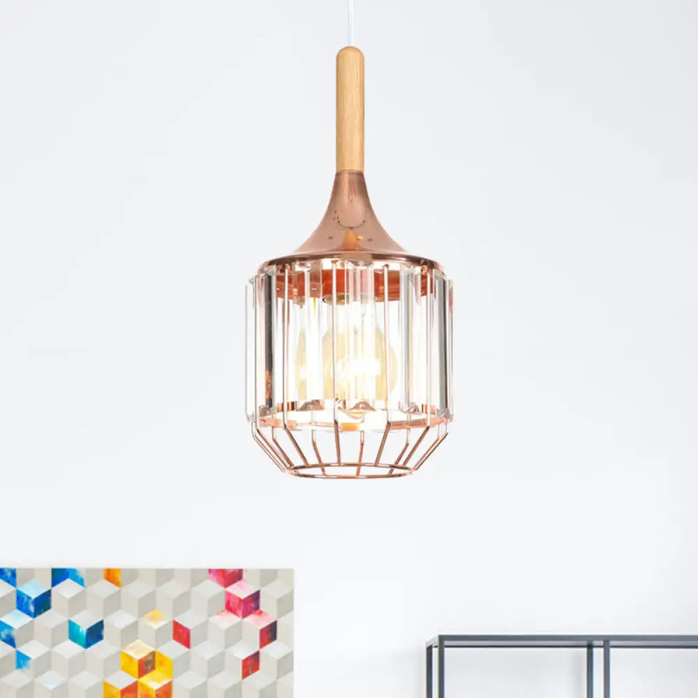 Modern Rose Gold Drum Pendant Light with Metal Cage for Corridor