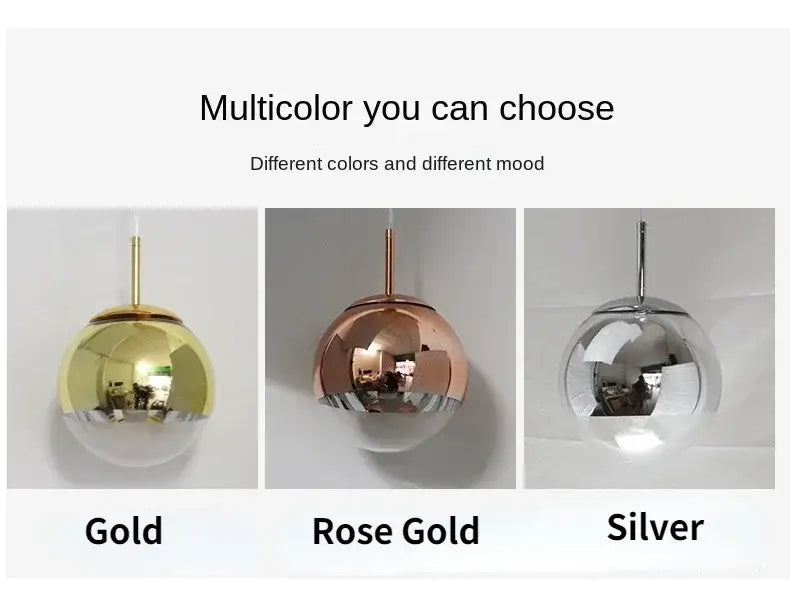 Modern rose gold frosted glass ball pendant light with polished metallic sphere available in gold silver finishes