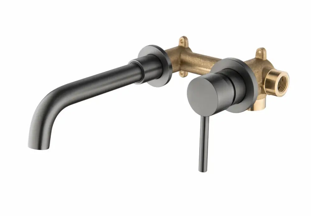 Modern rose gold wall-mounted bathroom faucet with black matte finish, brass valve, single-hole deck, and cold water use