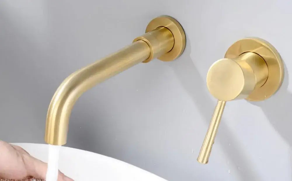 Modern rose gold wall mounted bathroom faucet with single-hole deck design and cold water function in gold tone