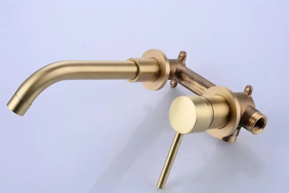 Modern rose gold wall mounted bathroom faucet with brass finish single-hole deck cold water curved spout and cylindrical handle