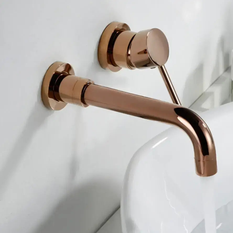 A sleek rose gold wall-mounted bathroom faucet with modern design polished finish single-hole deck cold water use