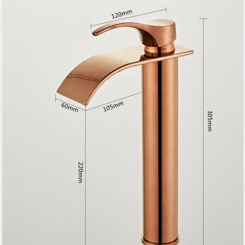 Modern rose gold single hole basin faucet with waterfall spout and cylindrical stem in durable housing material