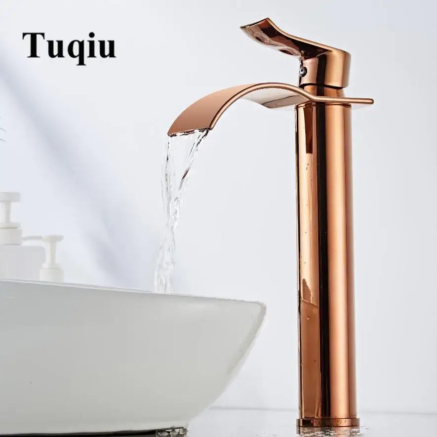 Tuqiu modern rose gold waterfall basin faucet with single hole design and durable housing material for bathroom use