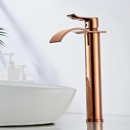 Modern rose gold single hole basin faucet with high-arc waterfall design and durable housing material for bathroom use