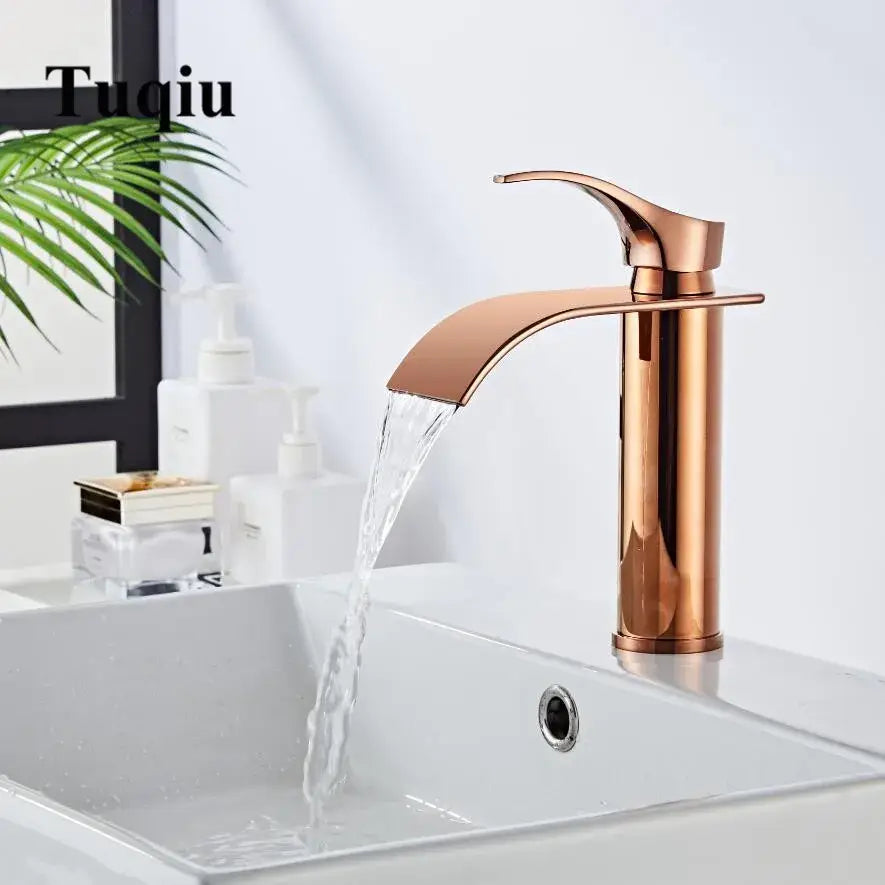 Modern rose gold waterfall basin faucet single hole tap with sleek polished metallic housing material finish