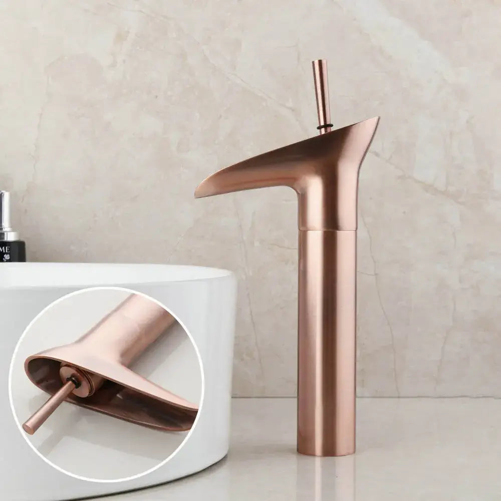 Modern rose gold waterfall bathroom faucet single handle tall tap with brushed metallic finish for decorbites golden waterfall decor