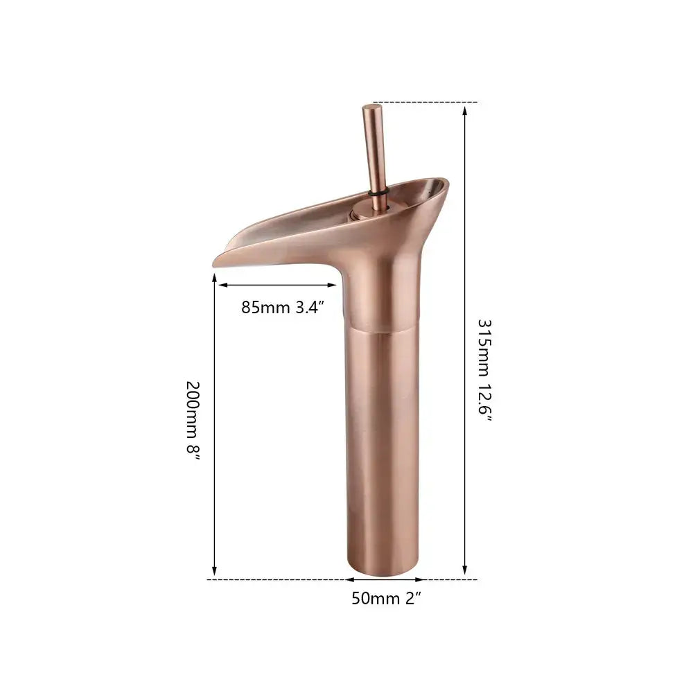 Modern rose gold waterfall bathroom faucet with sleek cylindrical body and single handle for decorbites golden waterfall use